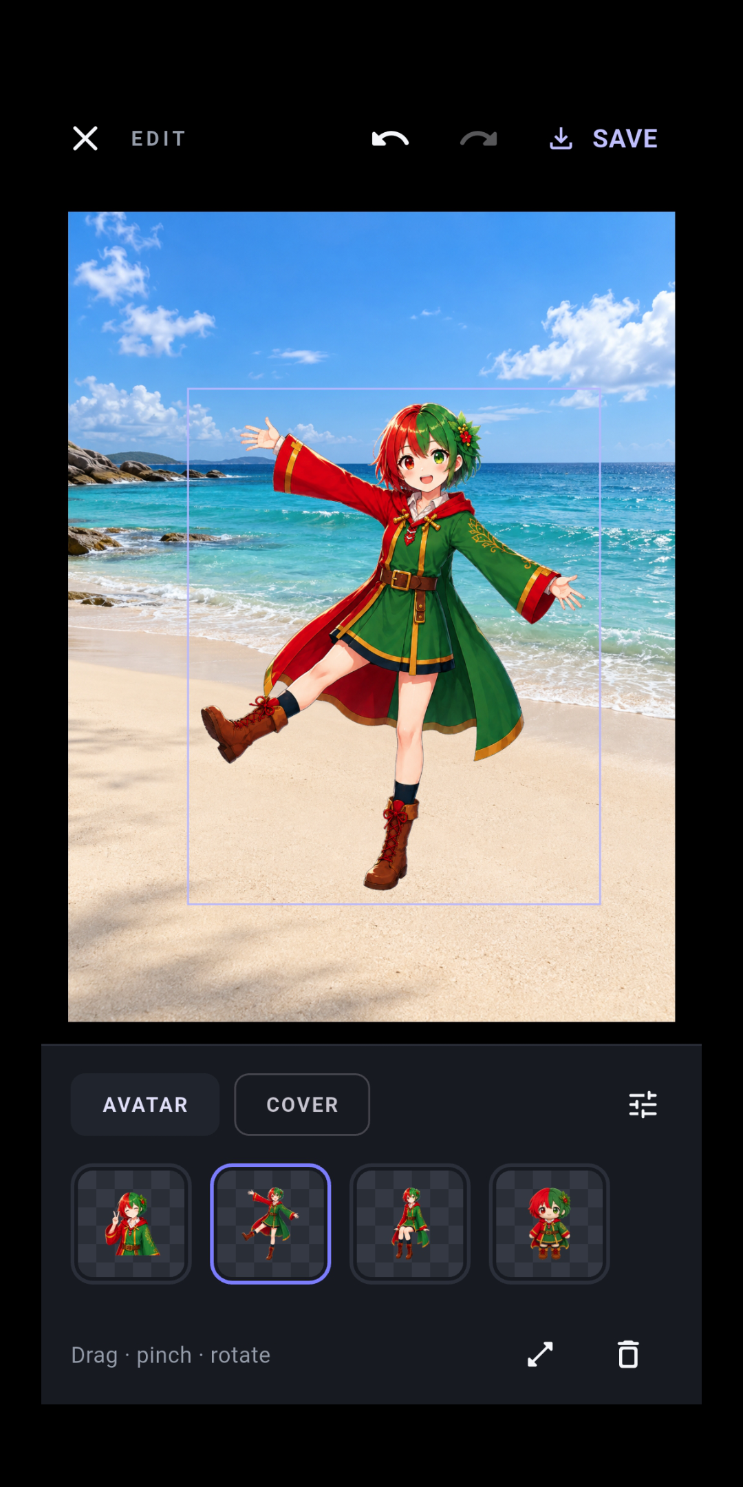 Editing screen for dragging, resizing, and rotating an avatar