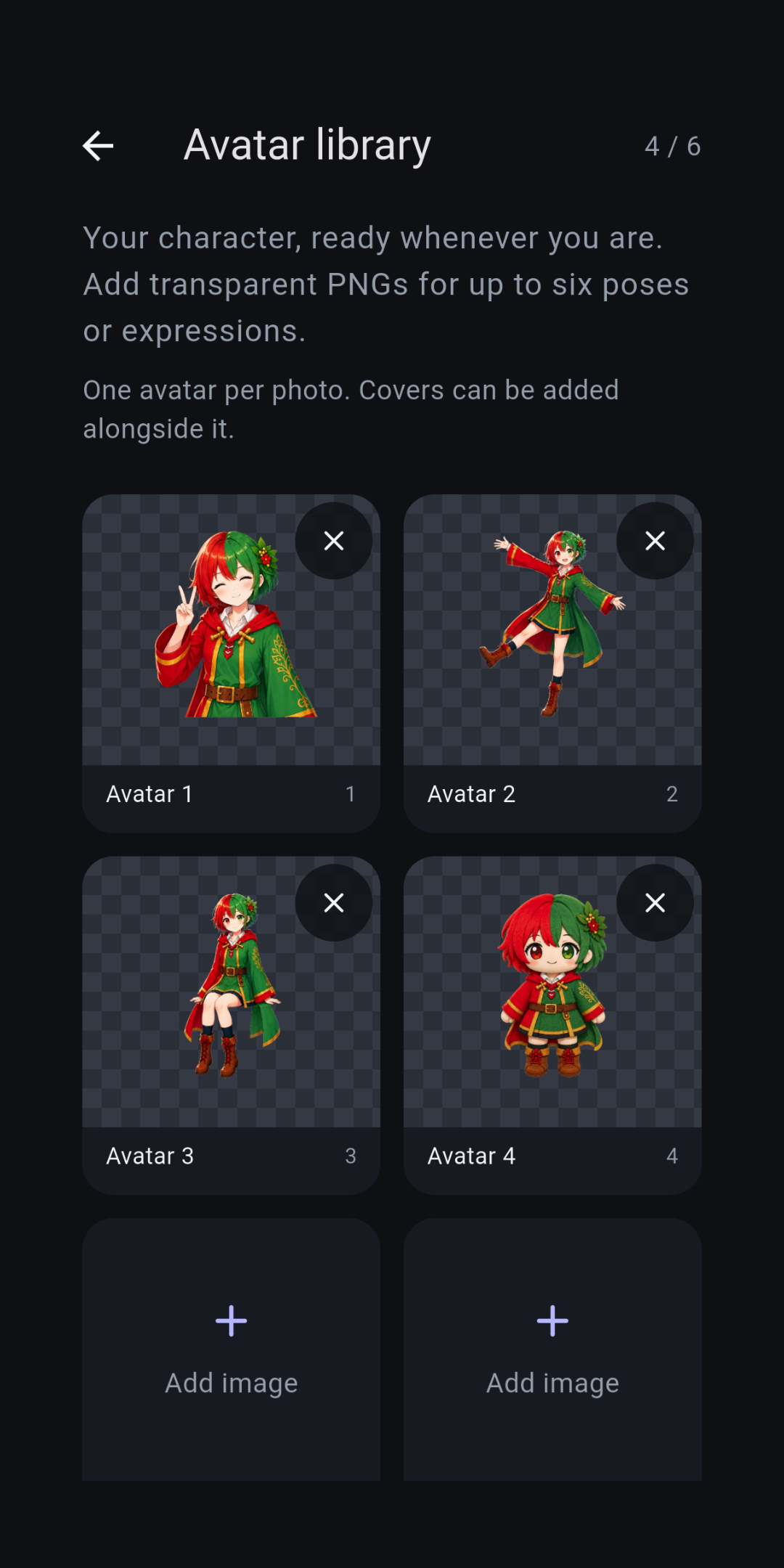 Avatar library where up to six favorites can be saved