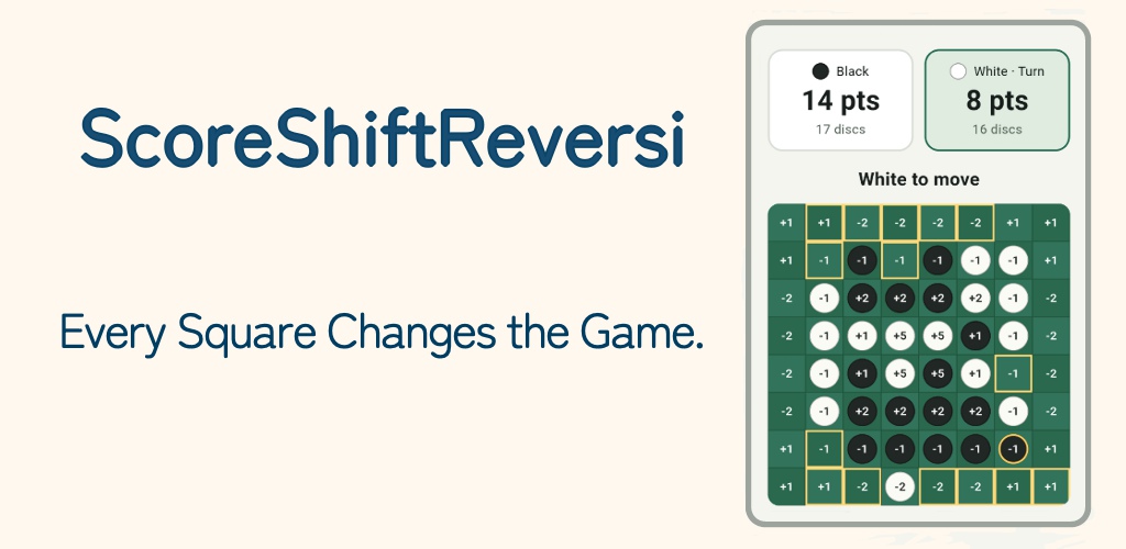 ScoreShiftReversi scoring board with the message Every Square Changes the Game